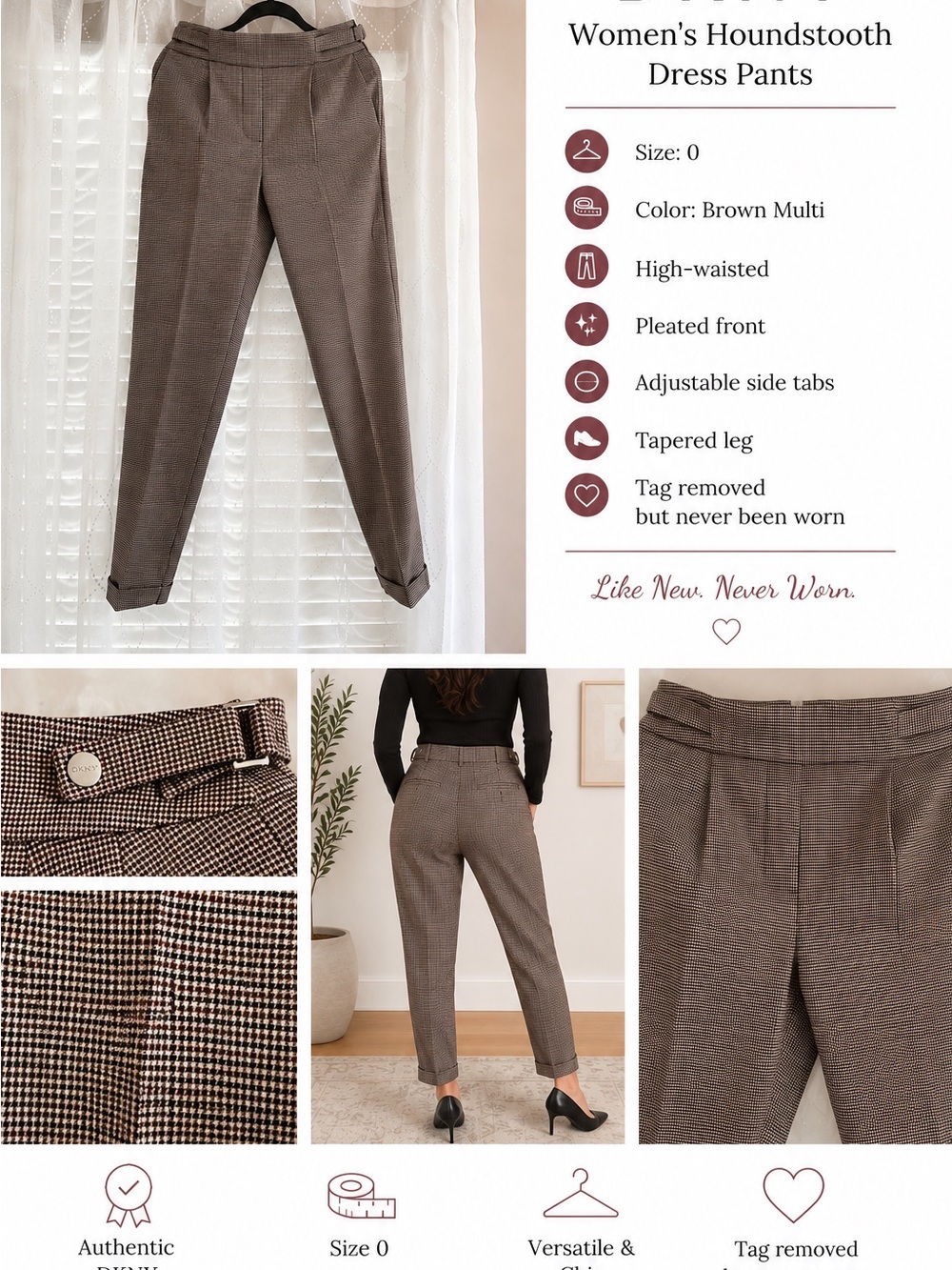 High-Waisted Brown Houndstooth Dress Pants